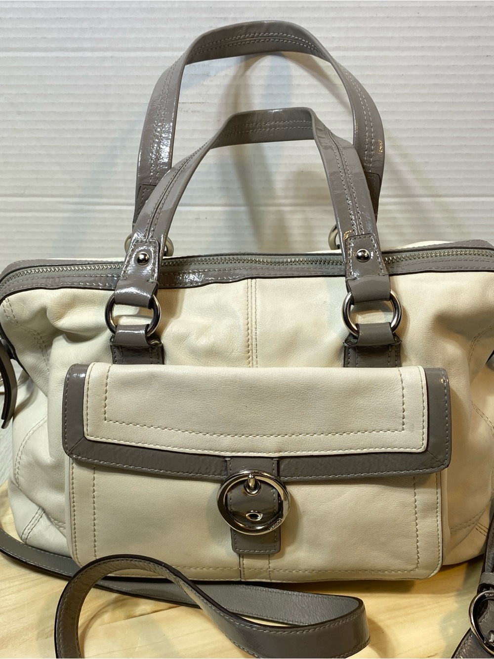 Coach Penelope Leather Convertible Satchel in Winter White and Grey (F19129)